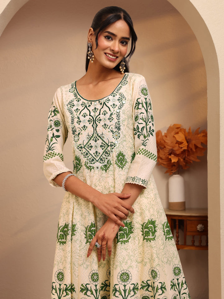 Libas Cream Floral Printed Cotton Anarkali Suit Set