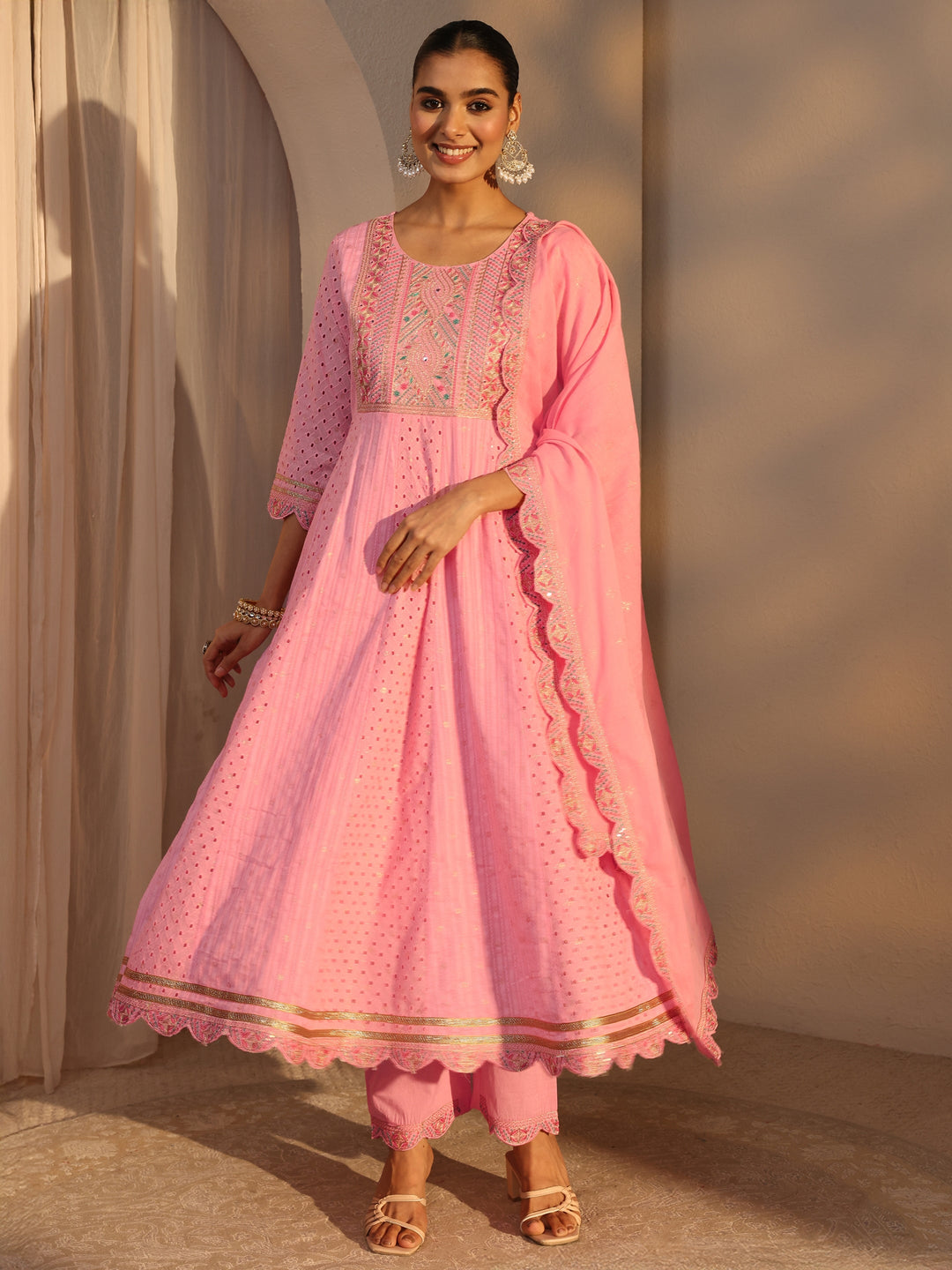 Pink Schiffli Embroidered Cotton Anarkali Suits Set With Dupatta