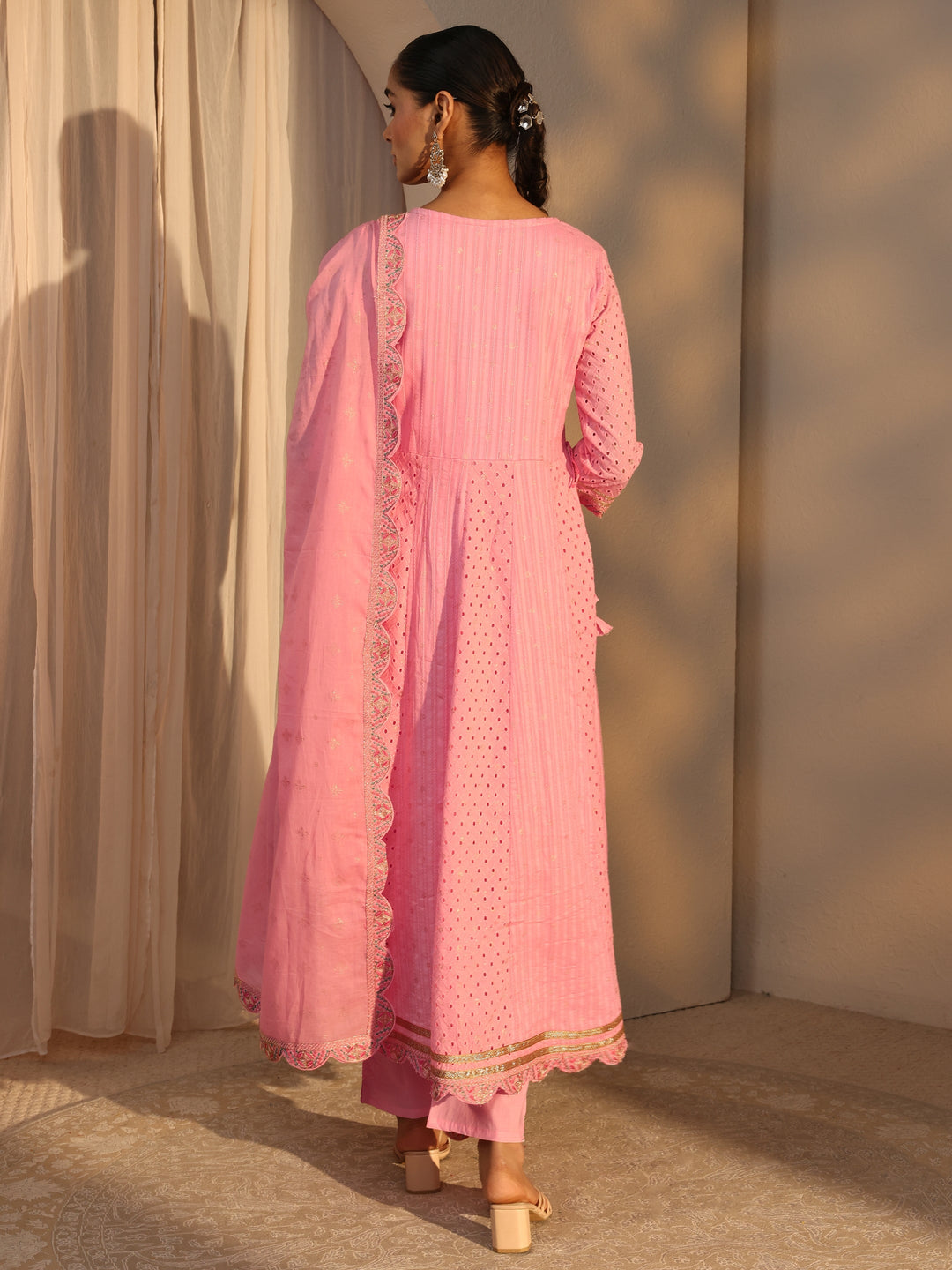 Pink Schiffli Embroidered Cotton Anarkali Suits Set With Dupatta