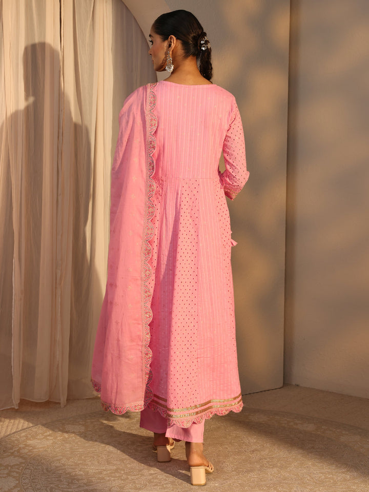 Pink Schiffli Embroidered Cotton Anarkali Suits Set With Dupatta