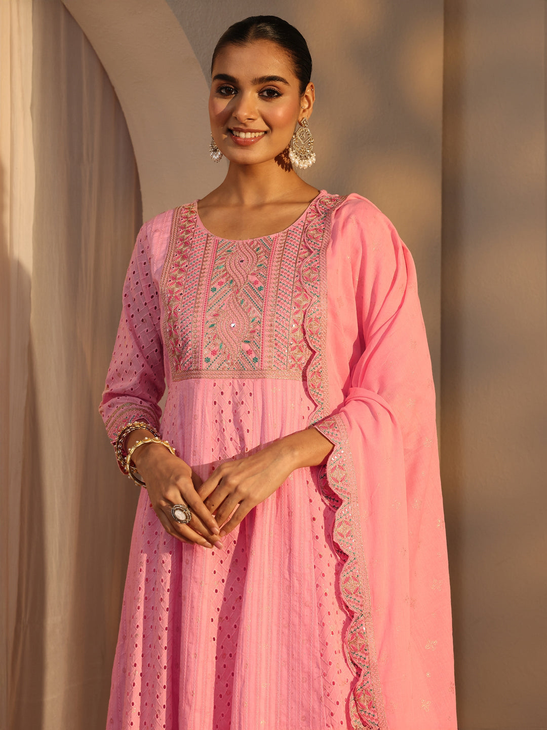 Pink Schiffli Embroidered Cotton Anarkali Suits Set With Dupatta