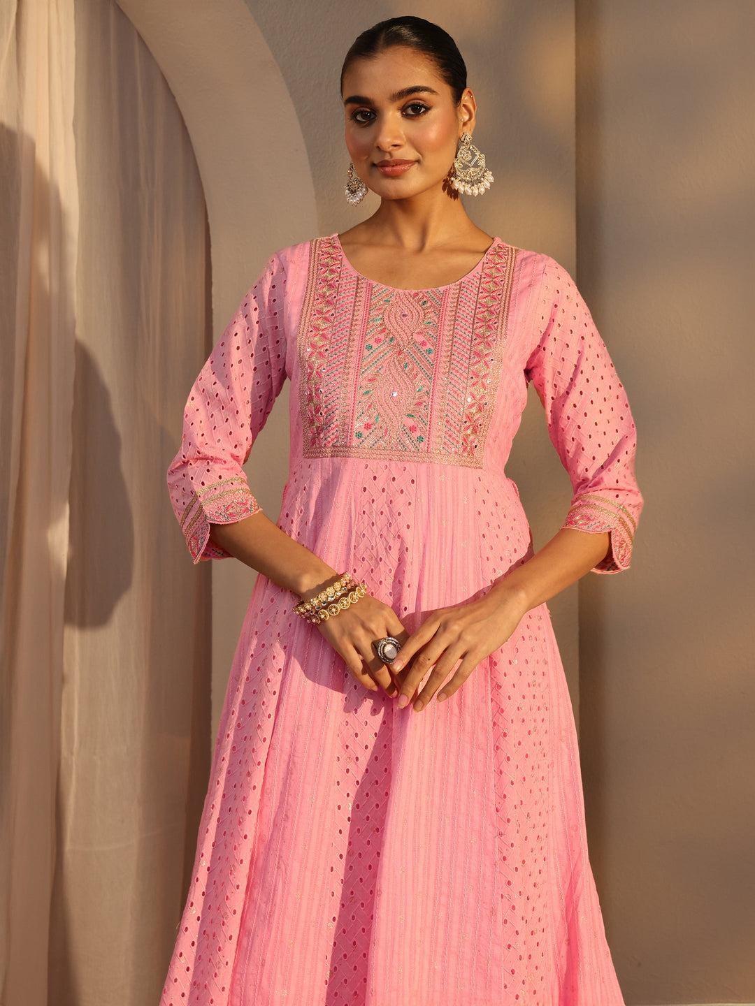Pink Schiffli Embroidered Cotton Anarkali Suits Set With Dupatta