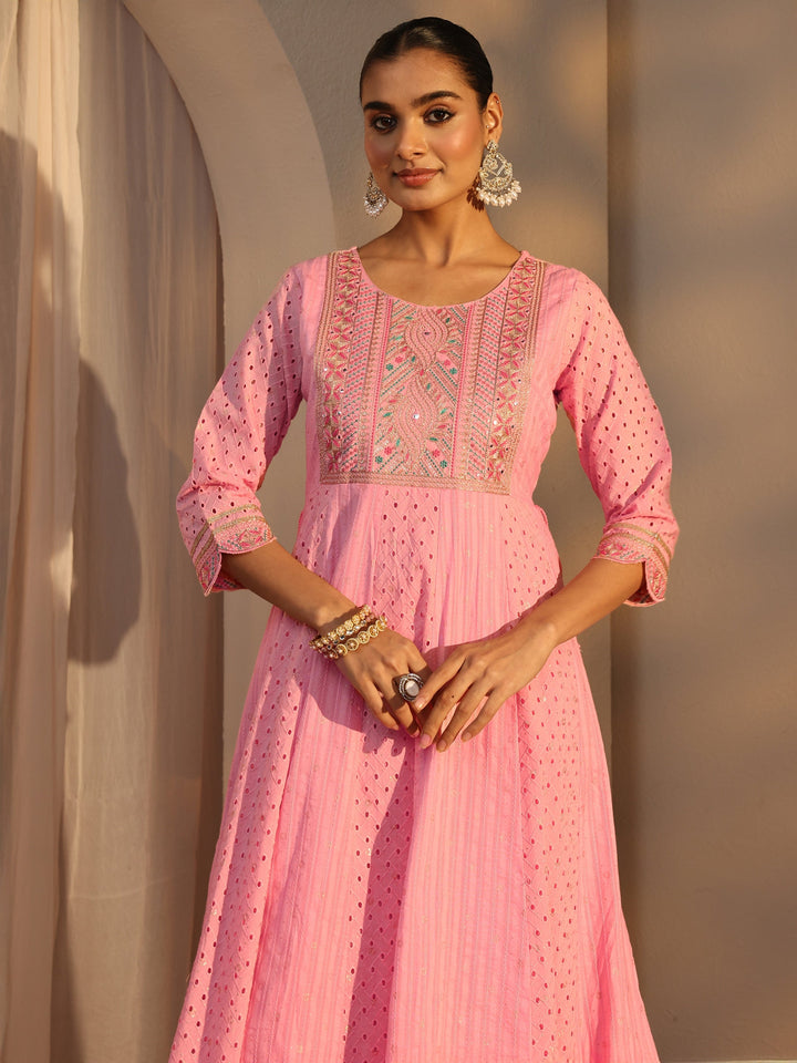 Pink Schiffli Embroidered Cotton Anarkali Suits Set With Dupatta