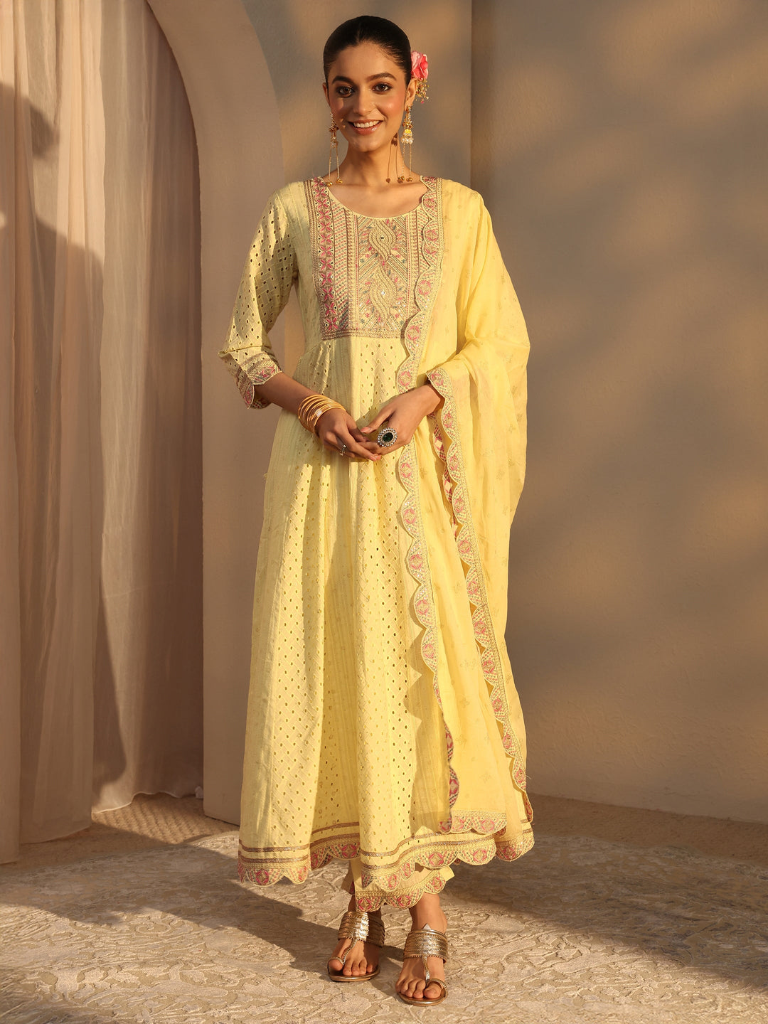 Yellow Schiffli Embroidered Cotton Anarkali Suits Set With Dupatta
