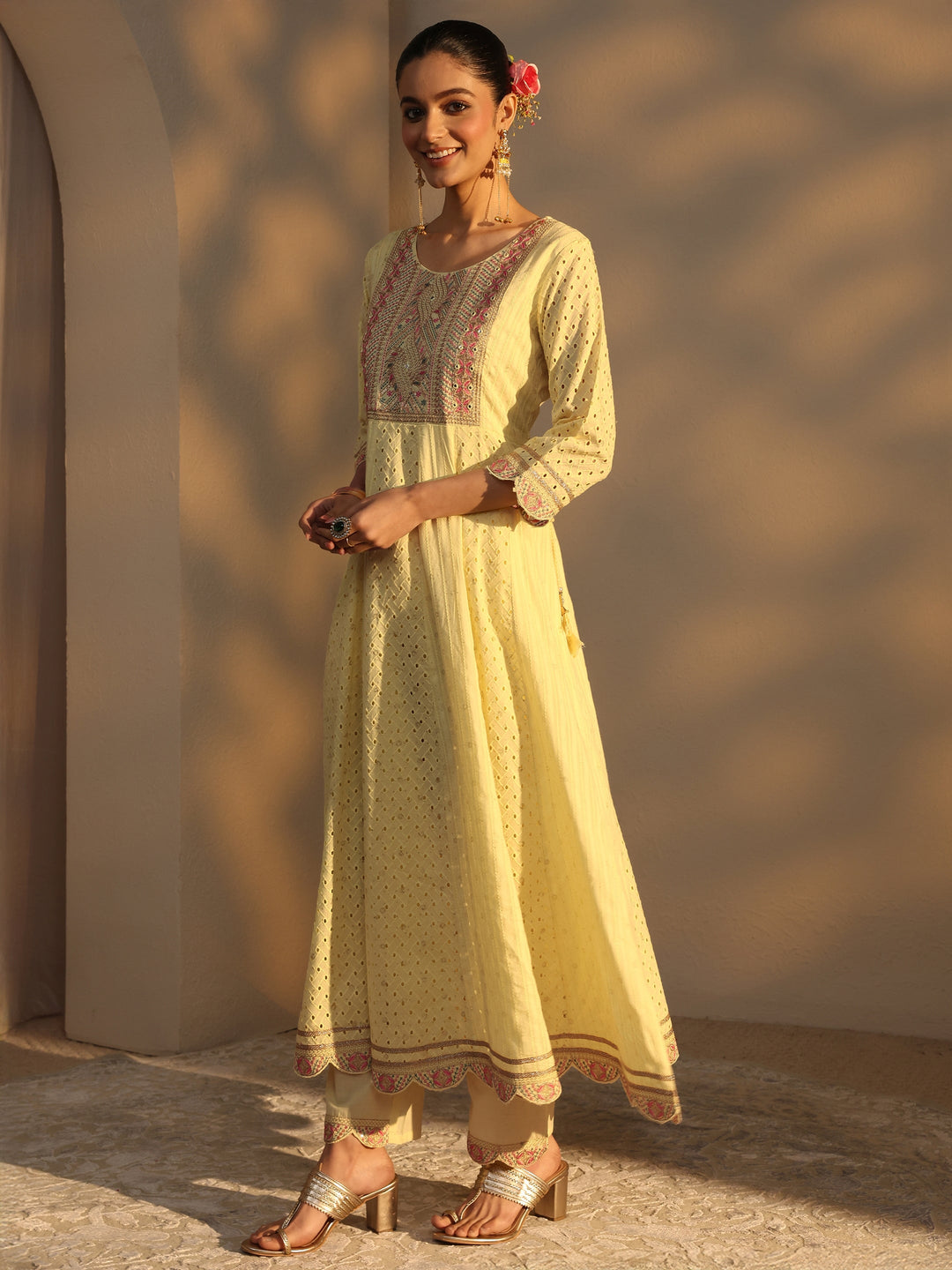 Yellow Schiffli Embroidered Cotton Anarkali Suits Set With Dupatta