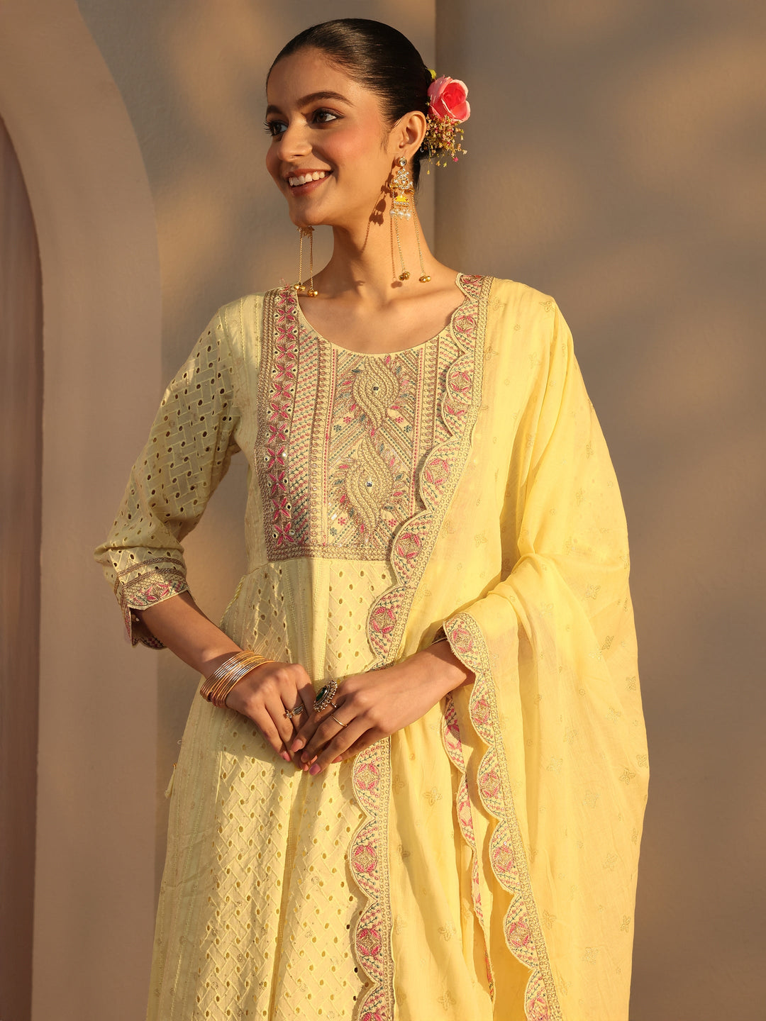 Yellow Schiffli Embroidered Cotton Anarkali Suits Set With Dupatta