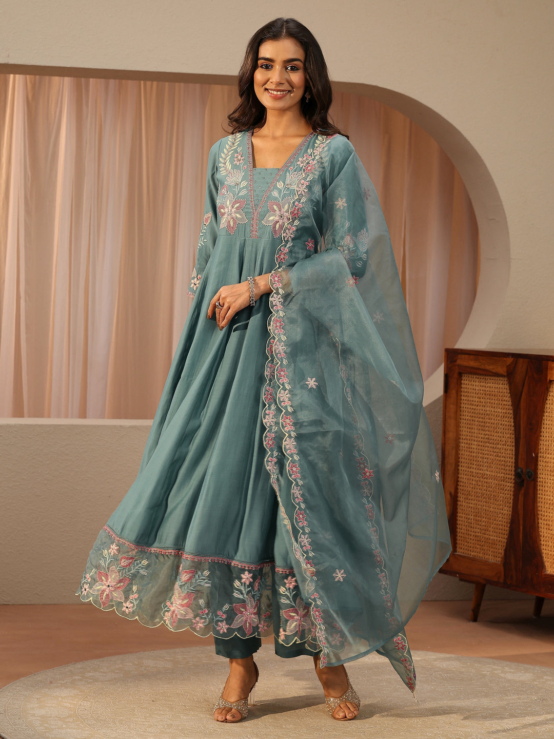 Blue Floral Embroidered Chanderi Silk Anarkali Suit Set