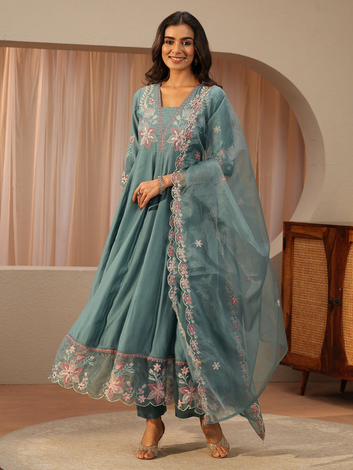 Blue Floral Embroidered Chanderi Silk Anarkali Suit Set