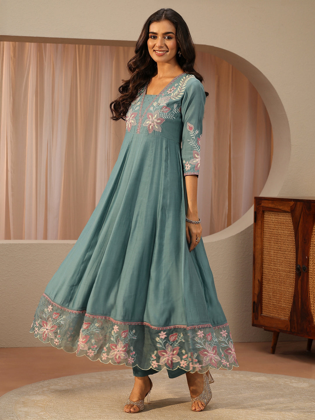 Blue Floral Embroidered Chanderi Silk Anarkali Suit Set