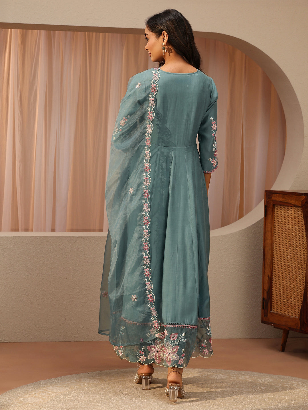 Blue Floral Embroidered Chanderi Silk Anarkali Suit Set