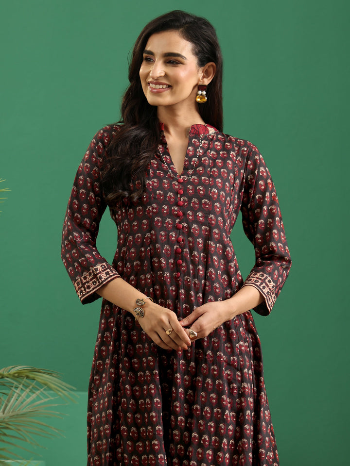 Libas Black Ajrakh Cotton Anarkali Suit Set