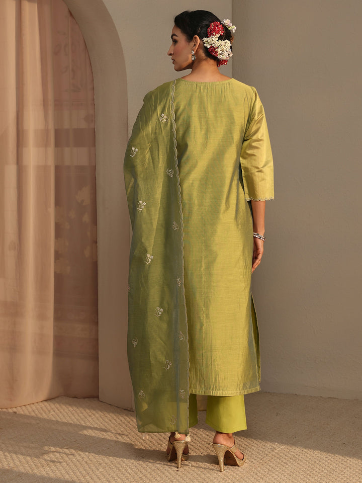 Libas Art Green Embroidered Silk Blend Straight Suit Set With Dupatta