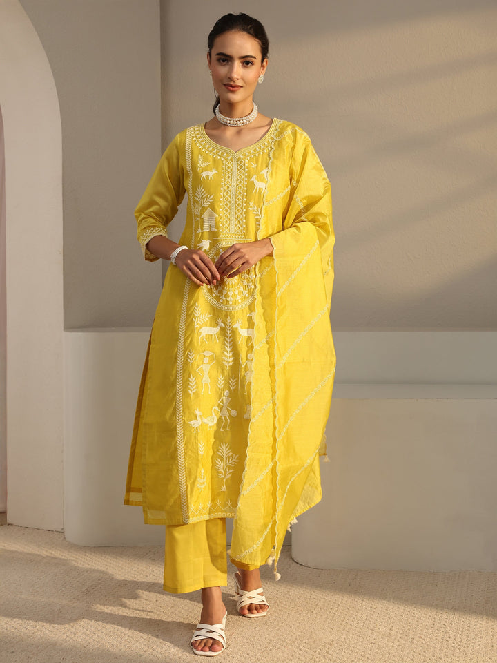 Libas Art Yellow Warli Embroidered Silk Blend Straight Suit Set With Dupatta