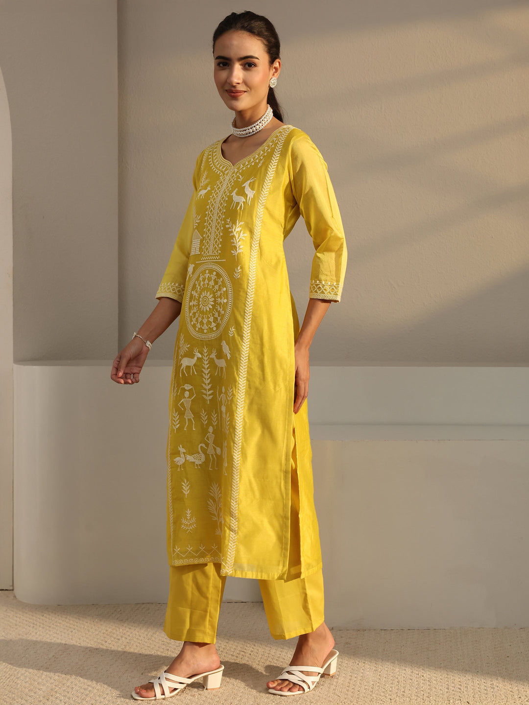 Libas Art Yellow Warli Embroidered Silk Blend Straight Suit Set With Dupatta