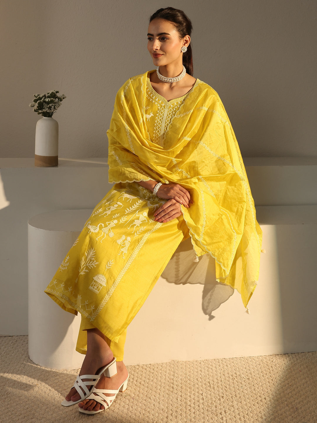 Libas Art Yellow Warli Embroidered Silk Blend Straight Suit Set With Dupatta