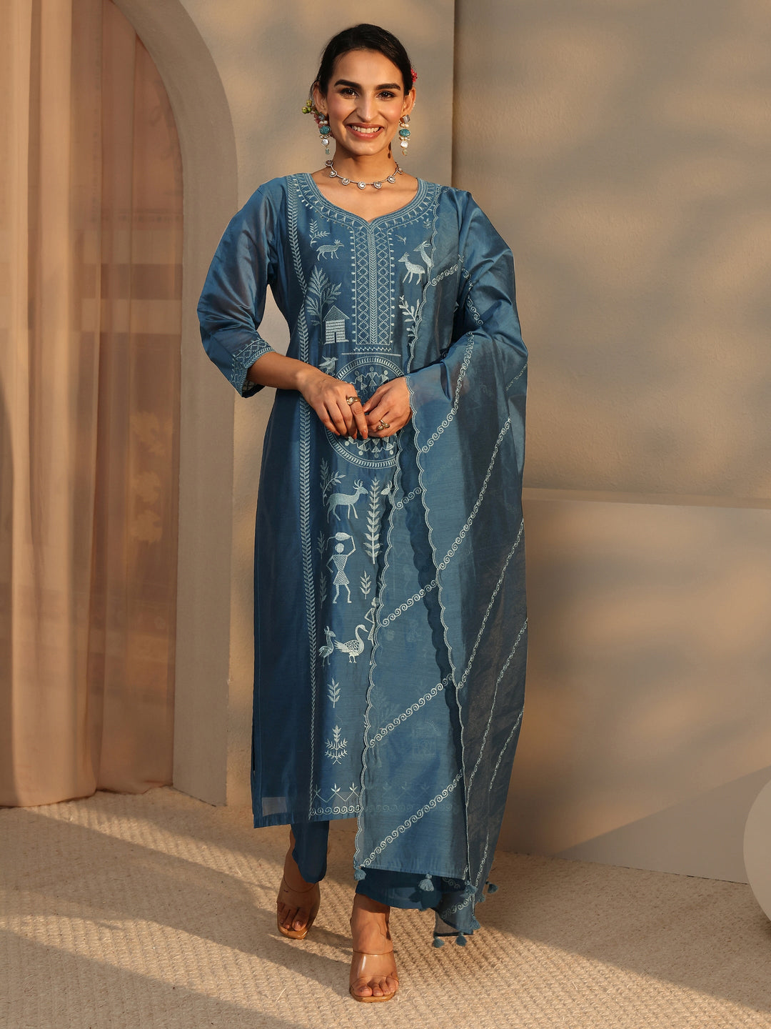 Libas Art Teal Warli Embroidered Silk Blend Straight Suit Set With Dupatta