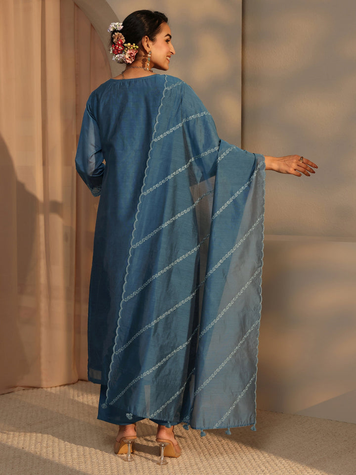 Libas Art Teal Warli Embroidered Silk Blend Straight Suit Set With Dupatta