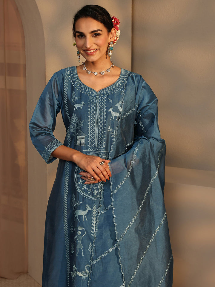 Libas Art Teal Warli Embroidered Silk Blend Straight Suit Set With Dupatta