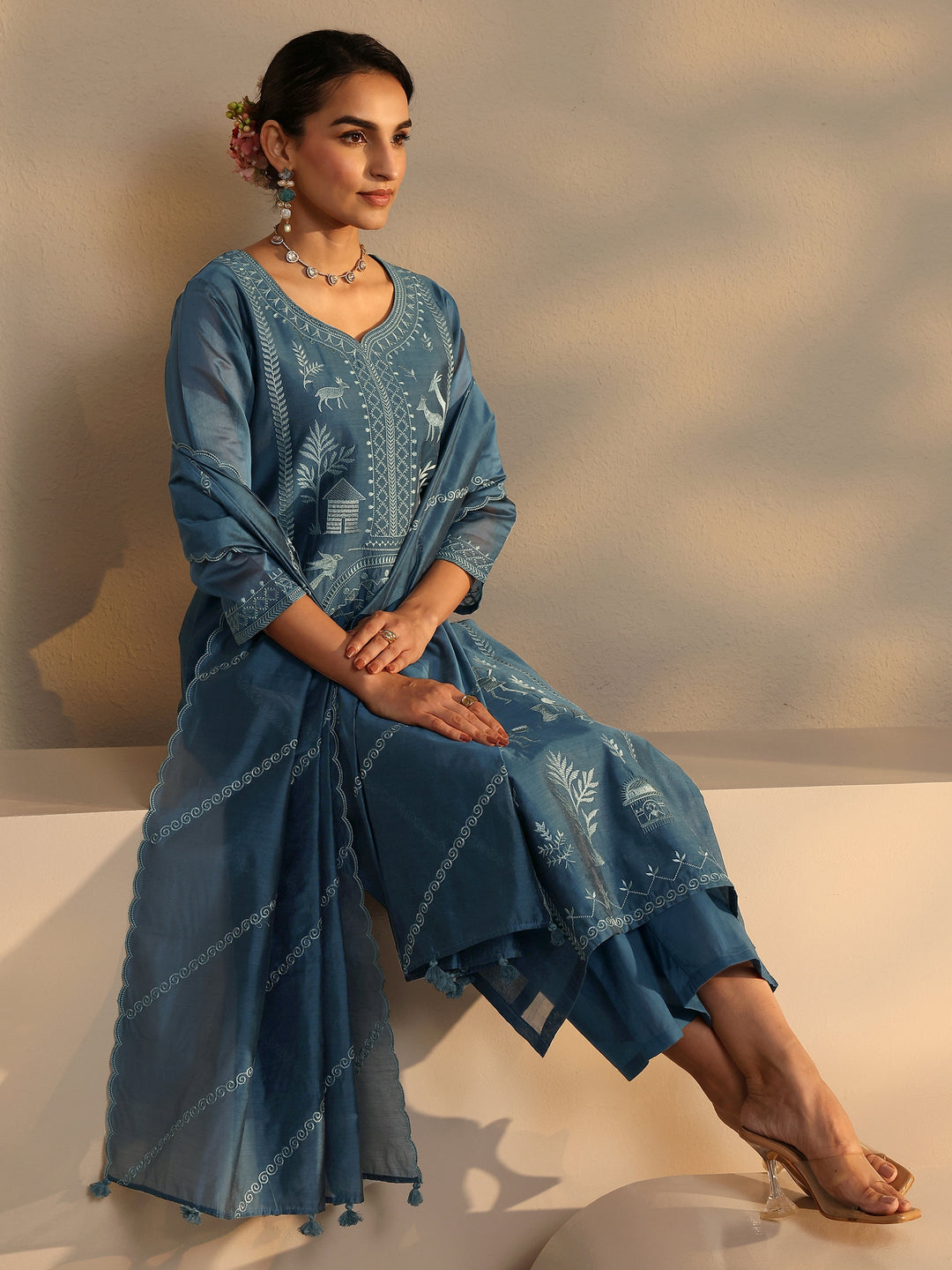 Libas Art Teal Warli Embroidered Silk Blend Straight Suit Set With Dupatta