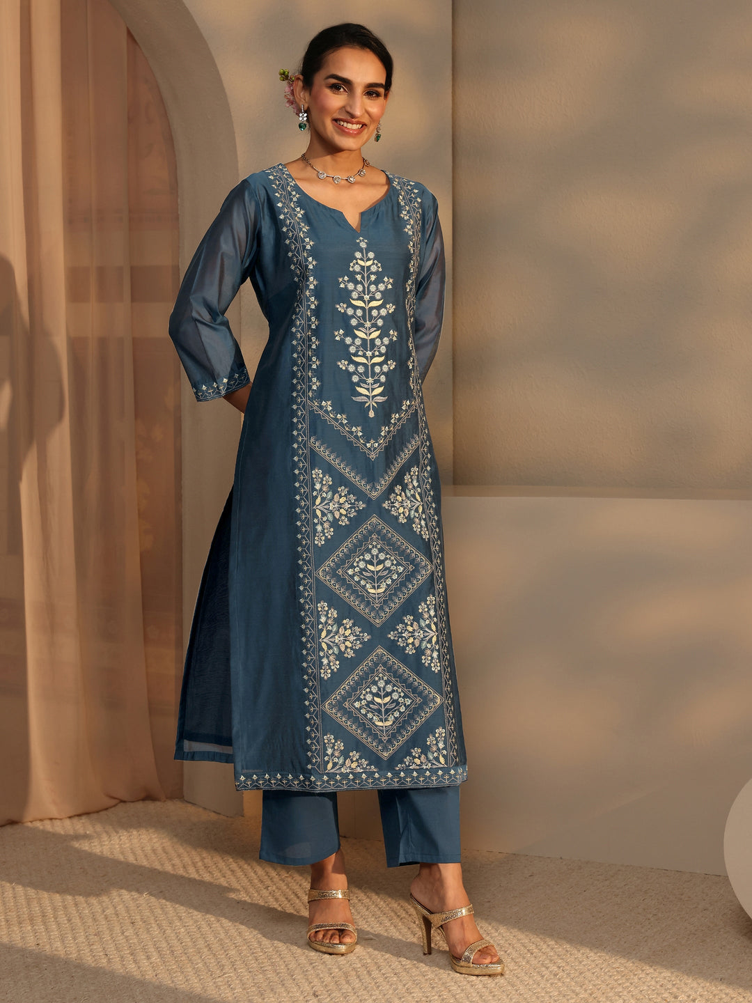 Libas Art Teal Embroidered Silk Blend Straight Suit Set With Dupatta