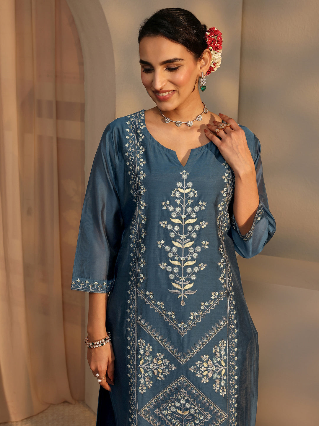 Libas Art Teal Embroidered Silk Blend Straight Suit Set With Dupatta