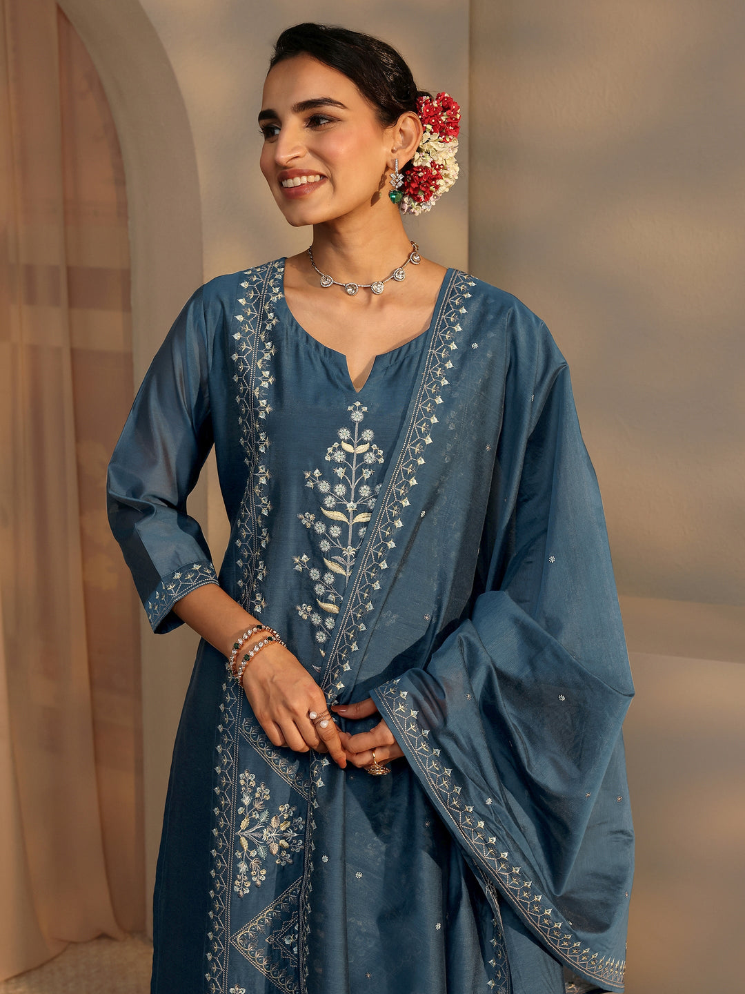 Libas Art Teal Embroidered Silk Blend Straight Suit Set With Dupatta