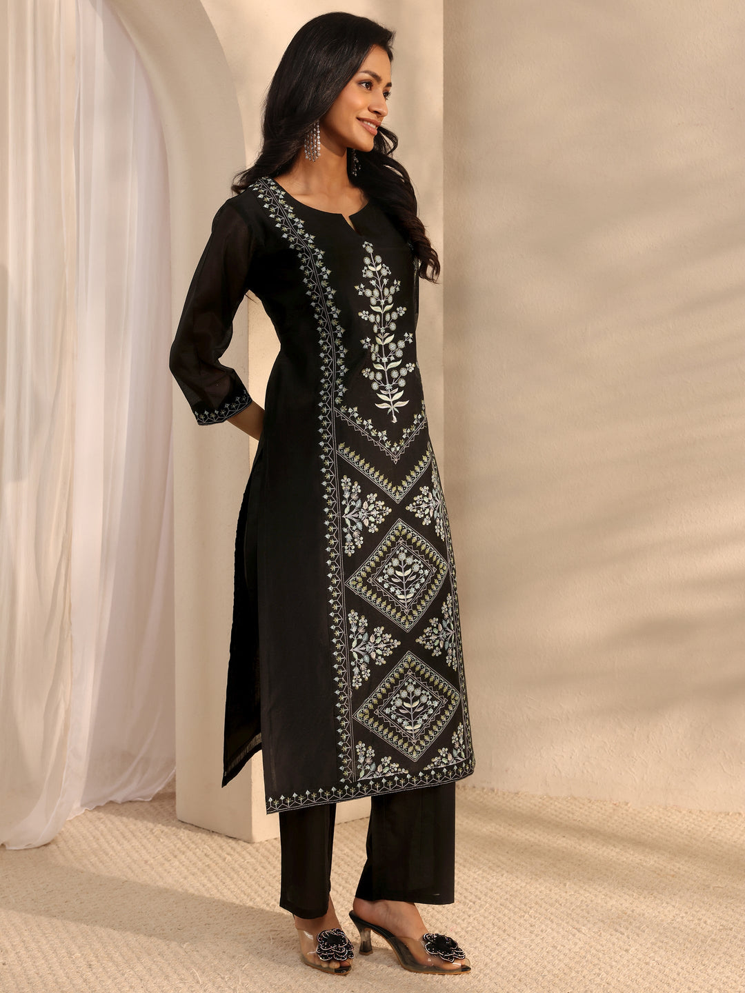 Libas Art Black Embroidered Silk Blend Straight Suit Set With Dupatta
