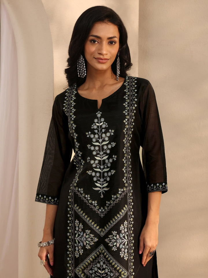 Libas Art Black Embroidered Silk Blend Straight Suit Set With Dupatta