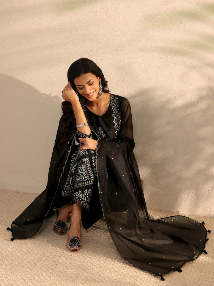 Libas Art Black Embroidered Silk Blend Straight Suit Set With Dupatta