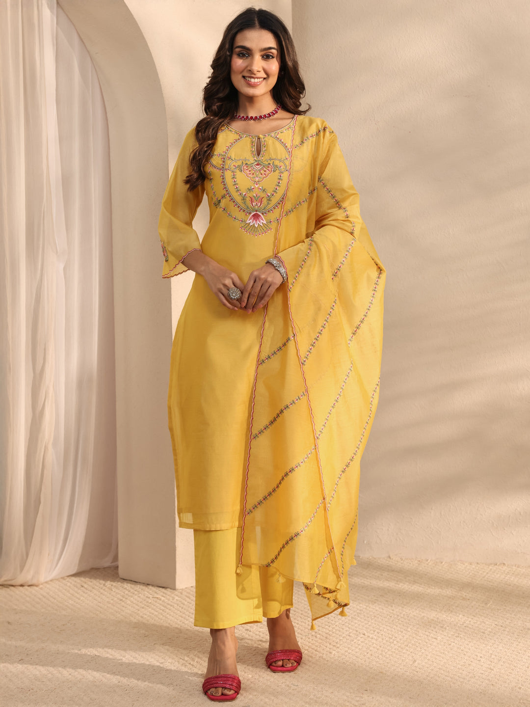 Libas Art Yellow Embroidered Silk Blend Straight Suit Set With Dupatta