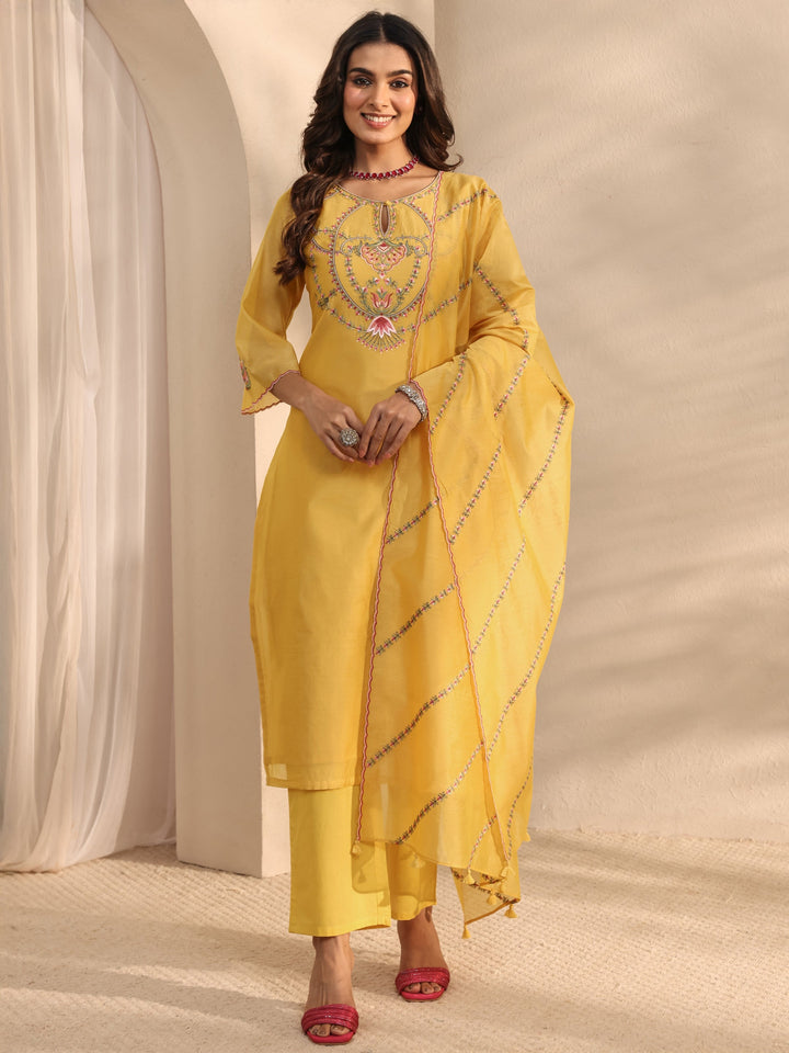 Libas Art Yellow Embroidered Silk Blend Straight Suit Set With Dupatta