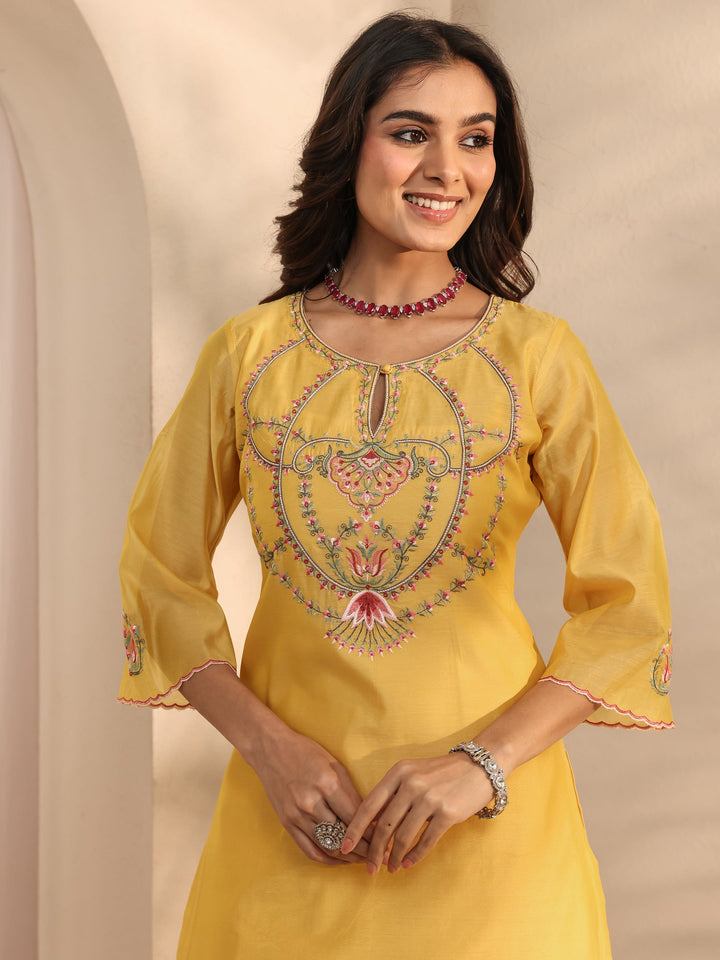 Libas Art Yellow Embroidered Silk Blend Straight Suit Set With Dupatta