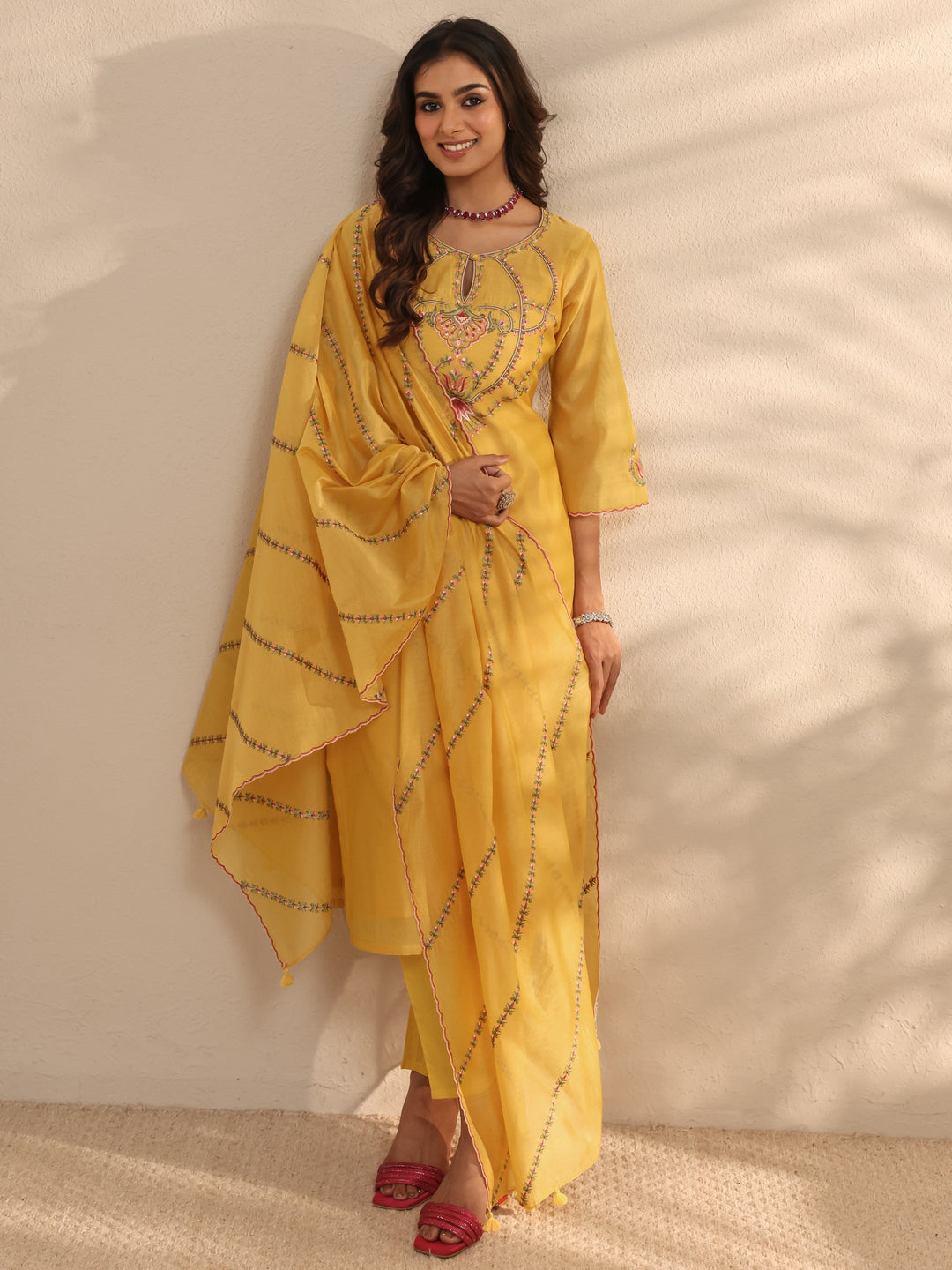 Libas Art Yellow Embroidered Silk Blend Straight Suit Set With Dupatta