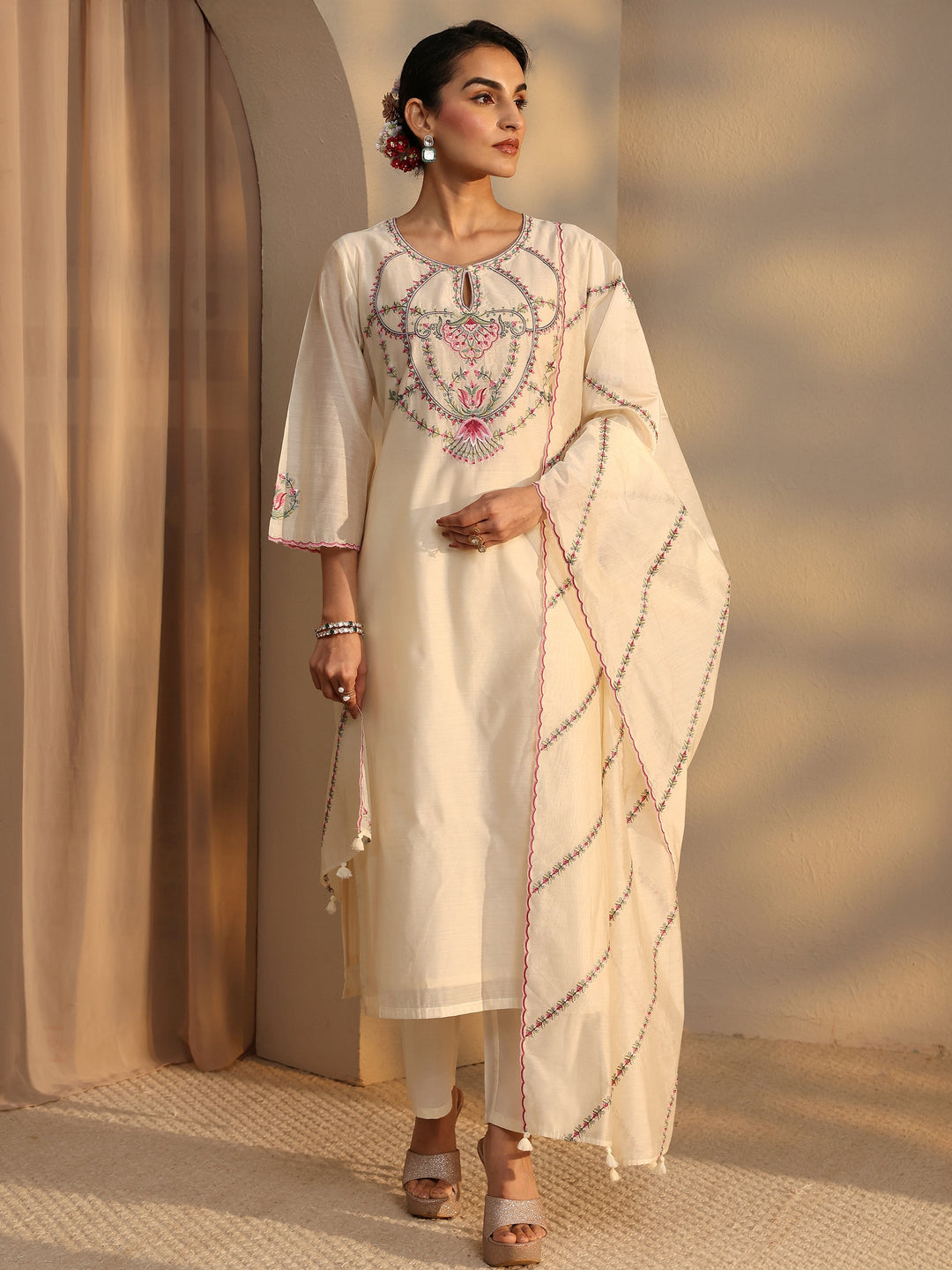 Libas Art Ivory Embroidered Silk Blend Straight Suit Set With Dupatta