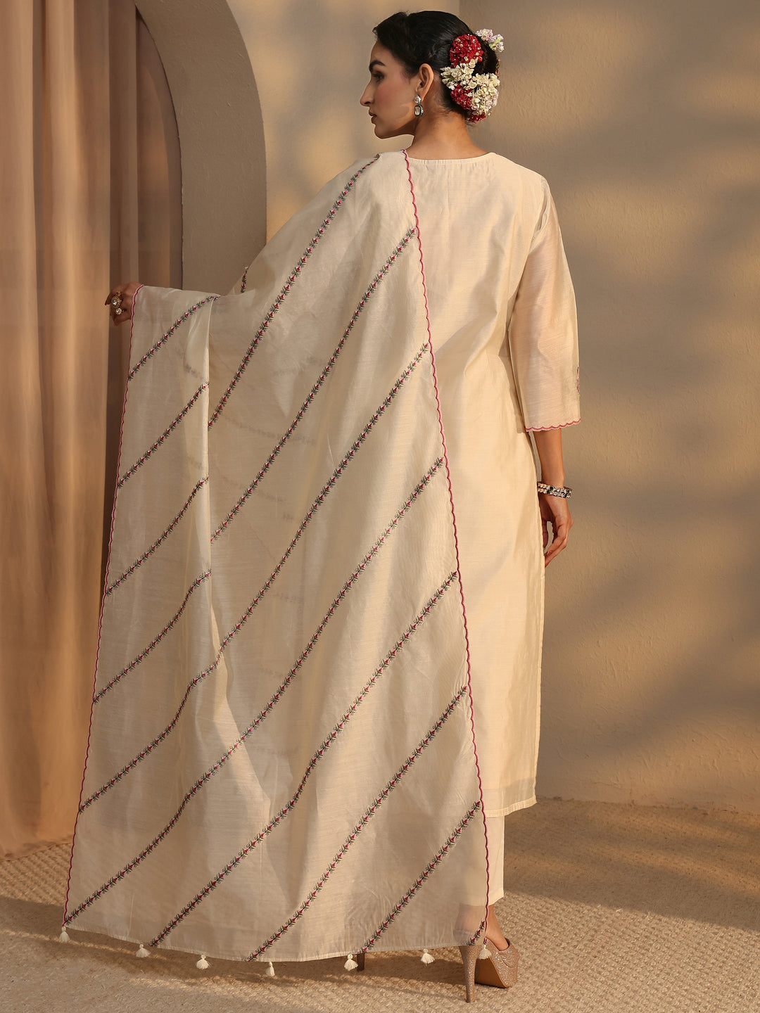 Libas Art Ivory Embroidered Silk Blend Straight Suit Set With Dupatta