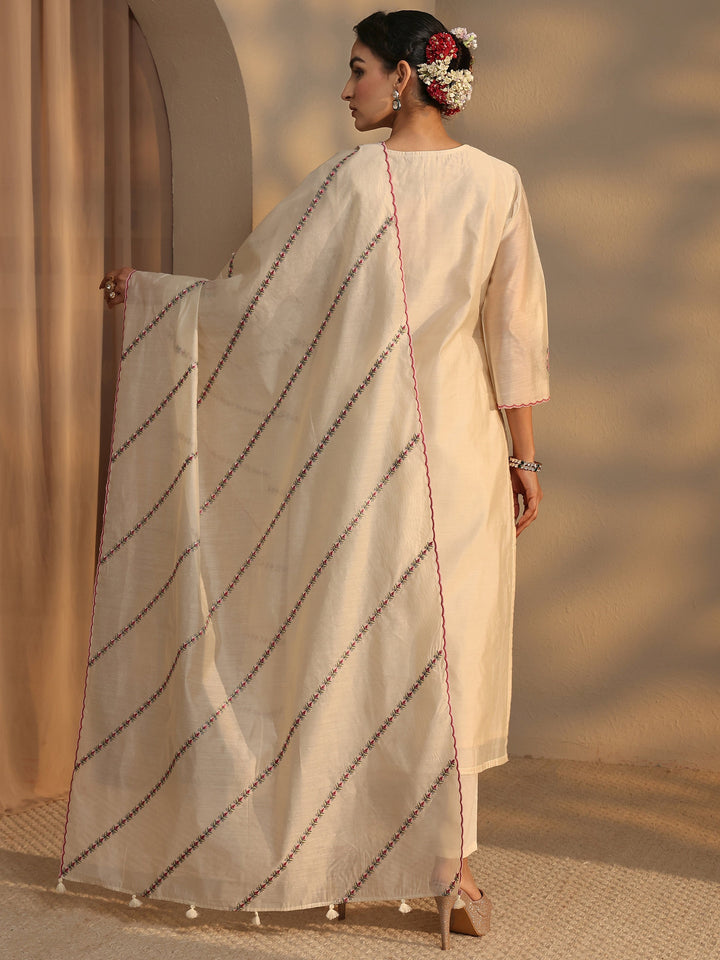 Libas Art Ivory Embroidered Silk Blend Straight Suit Set With Dupatta