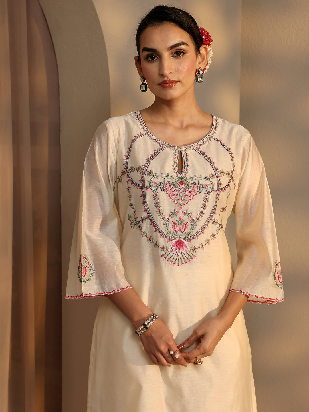 Libas Art Ivory Embroidered Silk Blend Straight Suit Set With Dupatta
