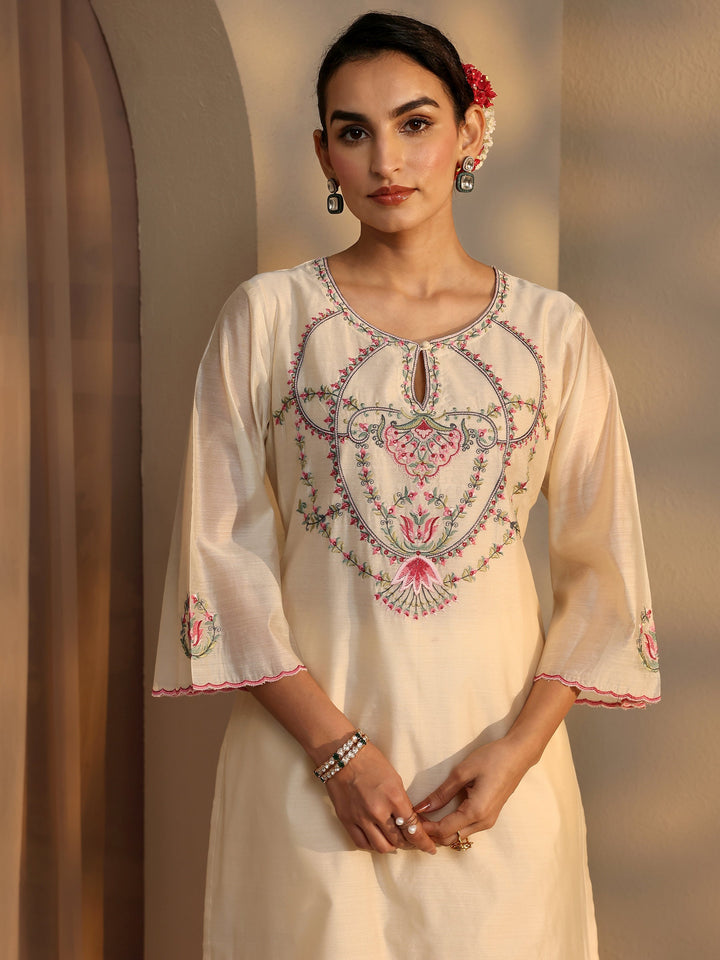 Libas Art Ivory Embroidered Silk Blend Straight Suit Set With Dupatta