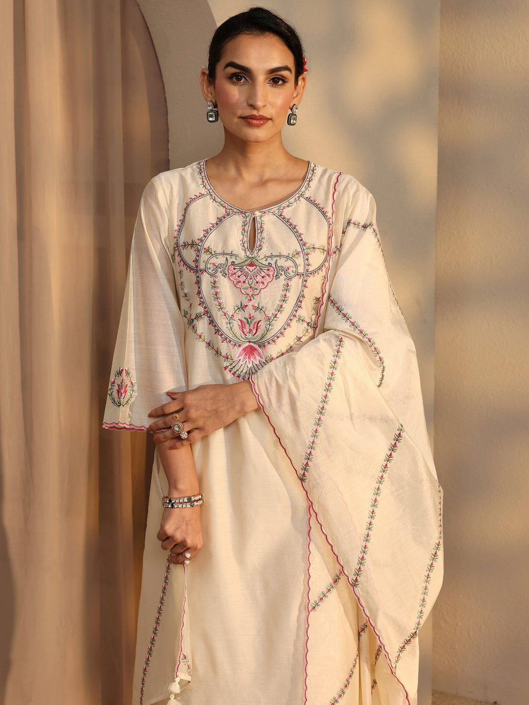 Libas Art Ivory Embroidered Silk Blend Straight Suit Set With Dupatta