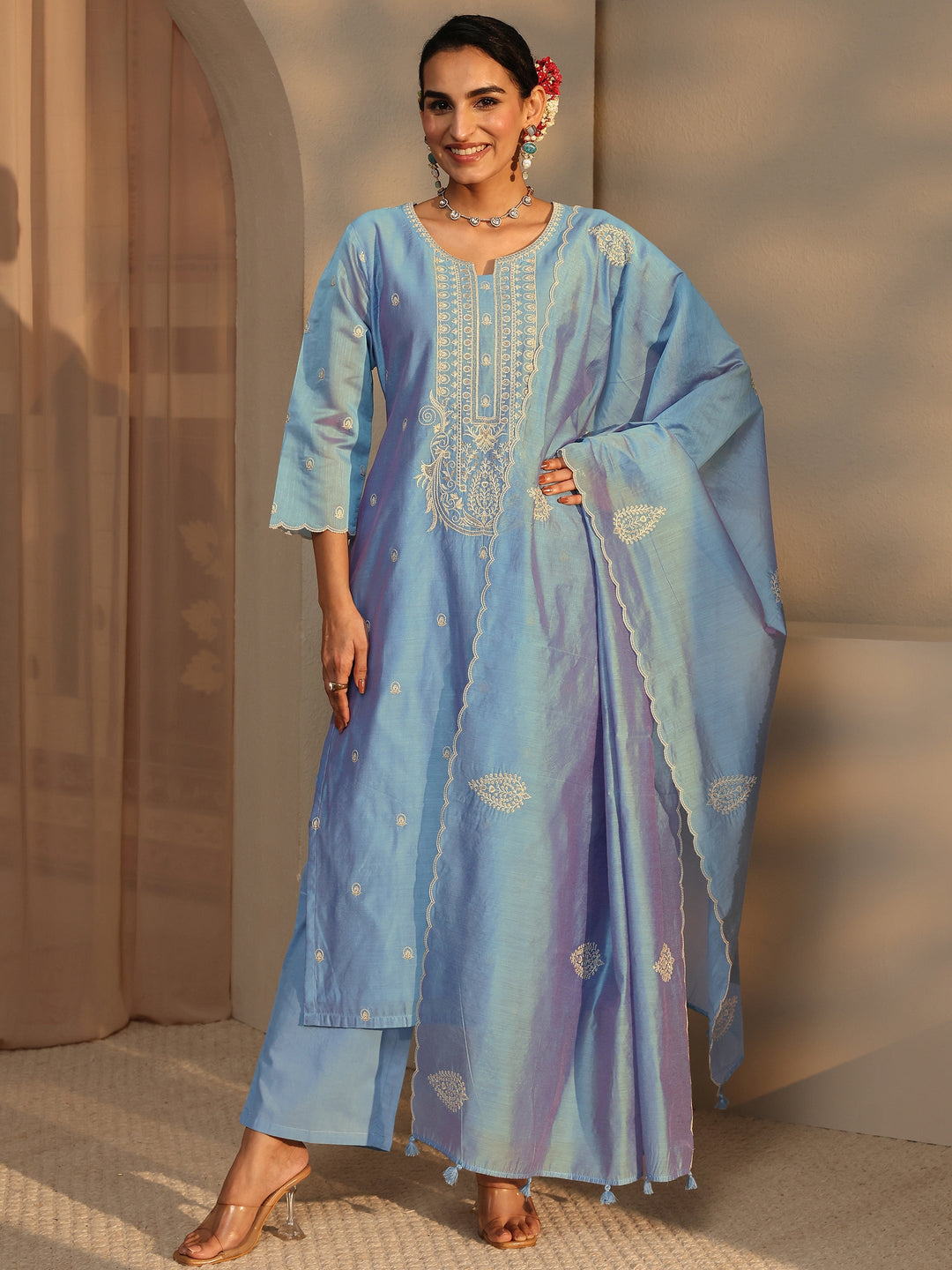 Libas Art Blue Embroidered Silk Blend Straight Suit Set With Dupatta