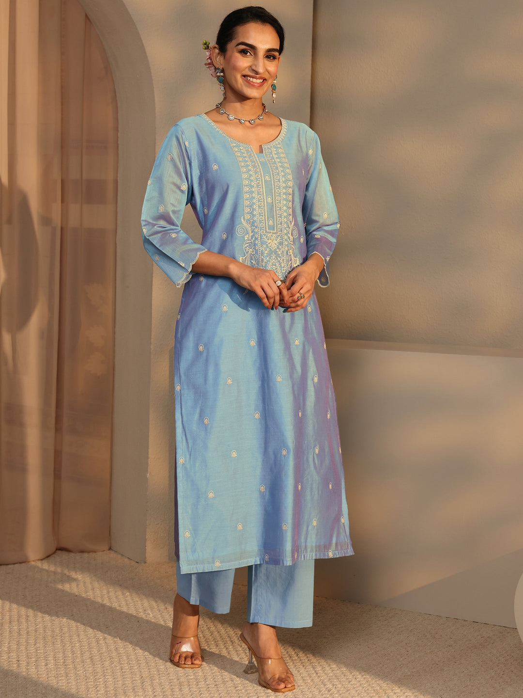 Libas Art Blue Embroidered Silk Blend Straight Suit Set With Dupatta