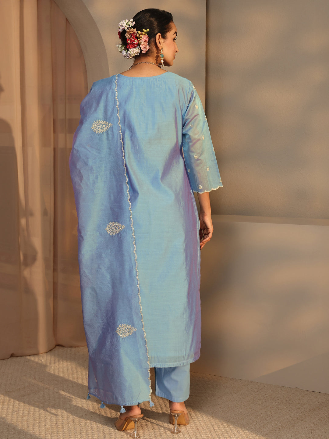 Libas Art Blue Embroidered Silk Blend Straight Suit Set With Dupatta