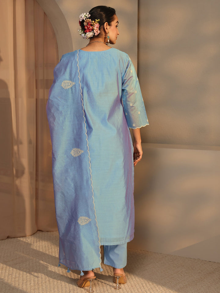 Libas Art Blue Embroidered Silk Blend Straight Suit Set With Dupatta
