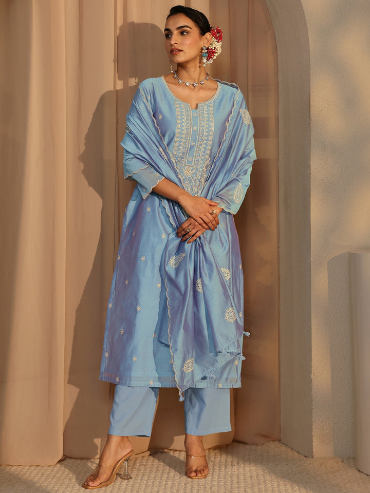 Libas Art Blue Embroidered Silk Blend Straight Suit Set With Dupatta
