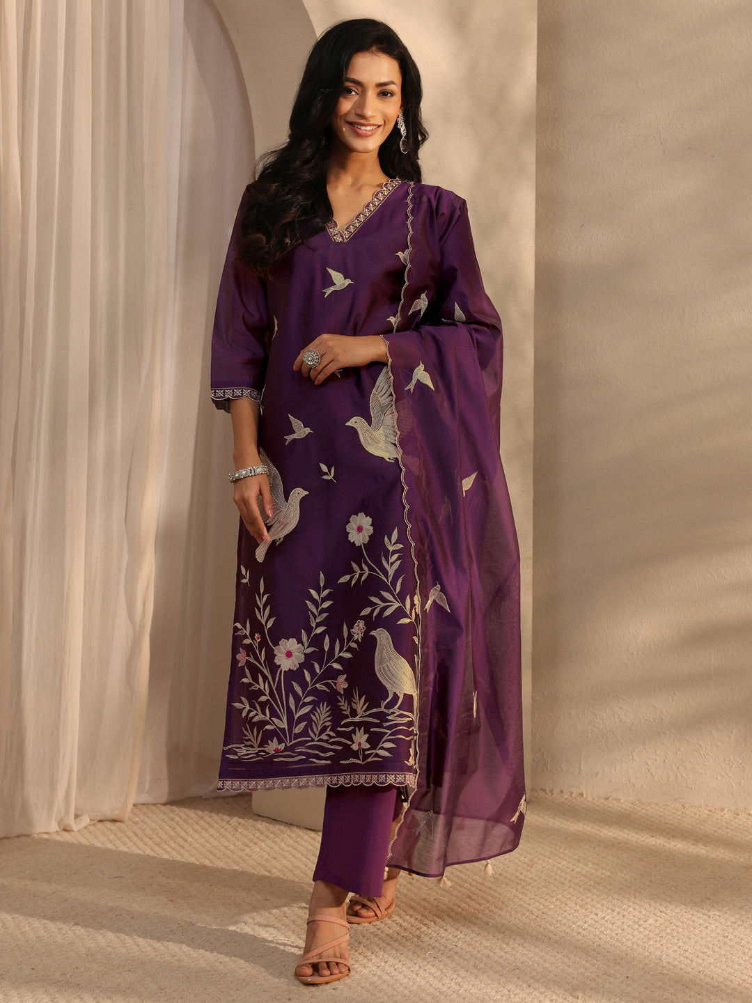 Libas Art Purple Embroidered Silk Blend Straight Suit Set With Dupatta