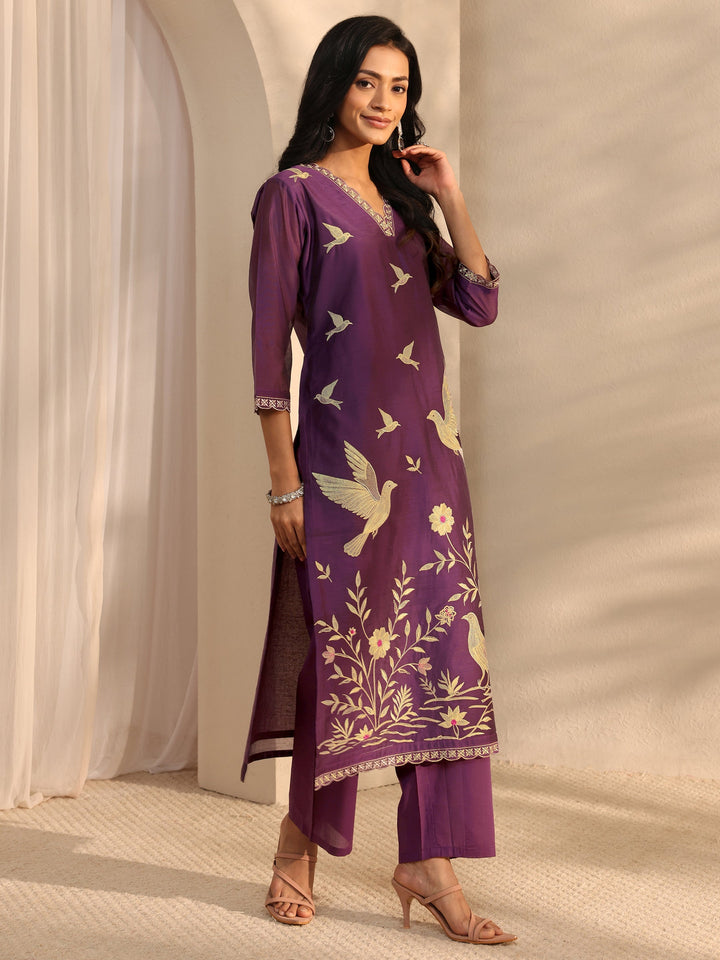 Libas Art Purple Embroidered Silk Blend Straight Suit Set With Dupatta