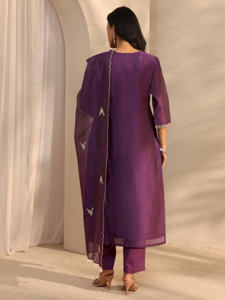 Libas Art Purple Embroidered Silk Blend Straight Suit Set With Dupatta