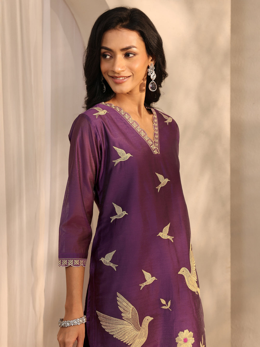 Libas Art Purple Embroidered Silk Blend Straight Suit Set With Dupatta