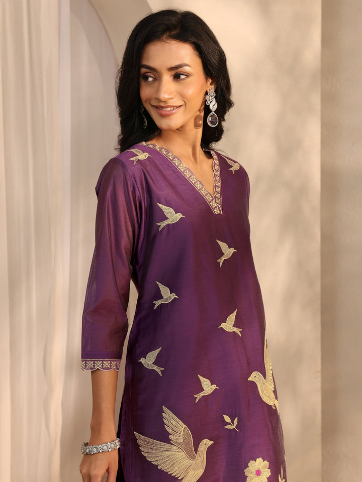 Libas Art Purple Embroidered Silk Blend Straight Suit Set With Dupatta
