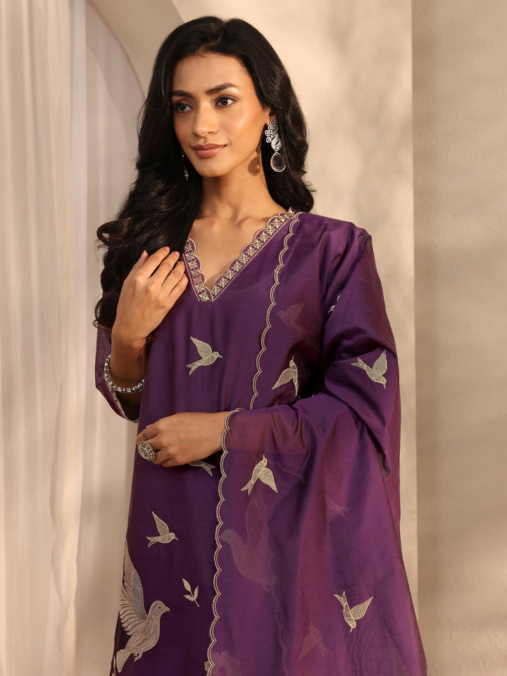 Libas Art Purple Embroidered Silk Blend Straight Suit Set With Dupatta